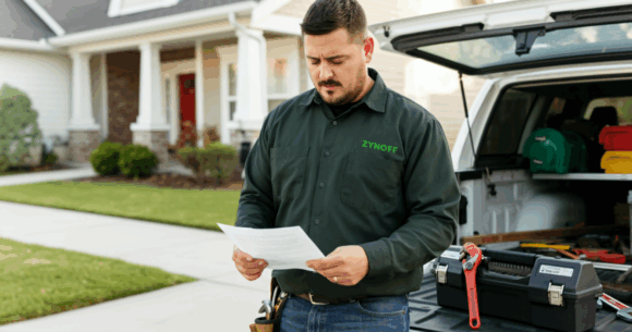 A tradesperson holding a plumbing contract